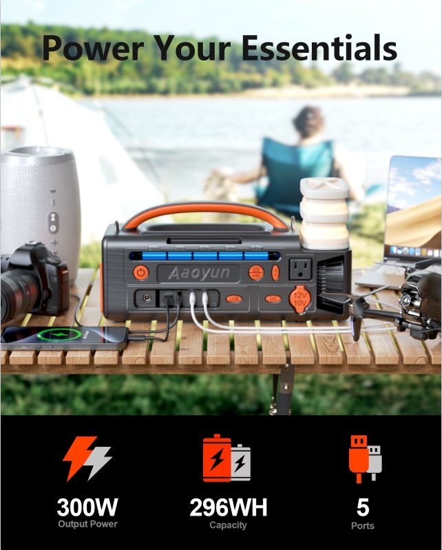 Portable Power Station 300W, 296Wh Solar Generator with 100W USB-C In/Output, Night Light & LED Flashlight, Compact Camping Battery with Strap for Outdoor CPAP Home Backup Emergency