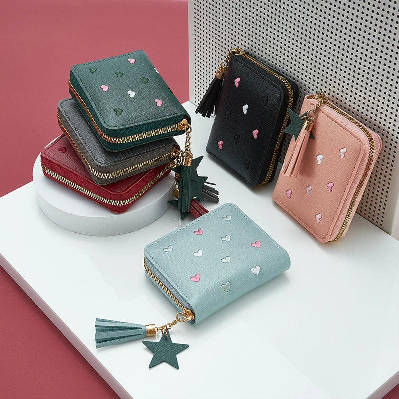 Pu Leather Card Bag Mini Wallet Ladies Money Clip Love Embroidery Multifunctional Wallet Women Short Certificate Storage Bags