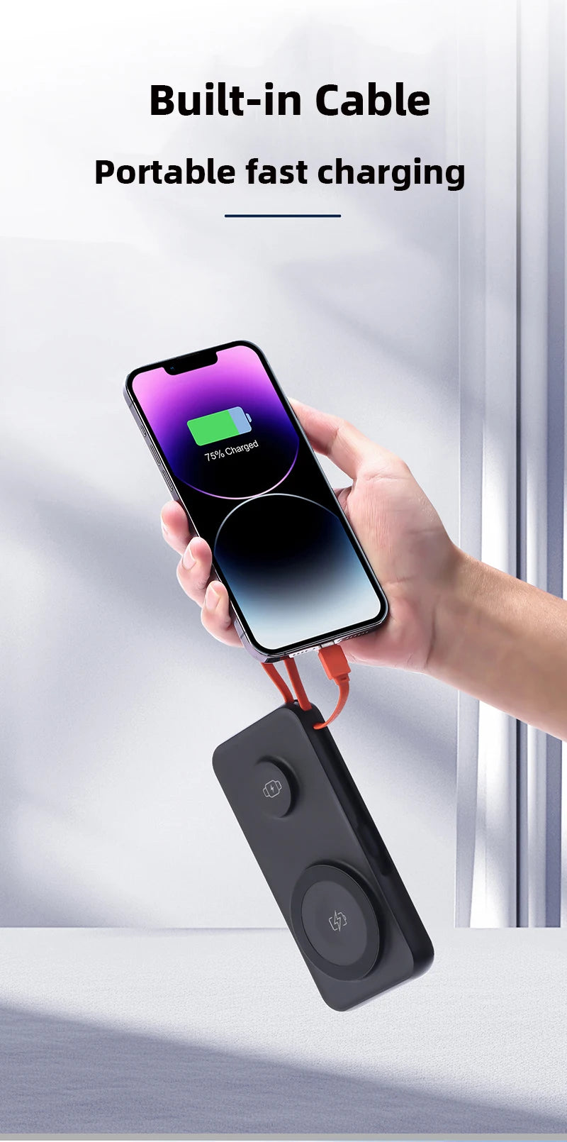 10000mAh Magnetic Wireless Power Bank With Cable Portable USB C Fast Charging External Battery For IPhone 15 Samsung Apple Watch