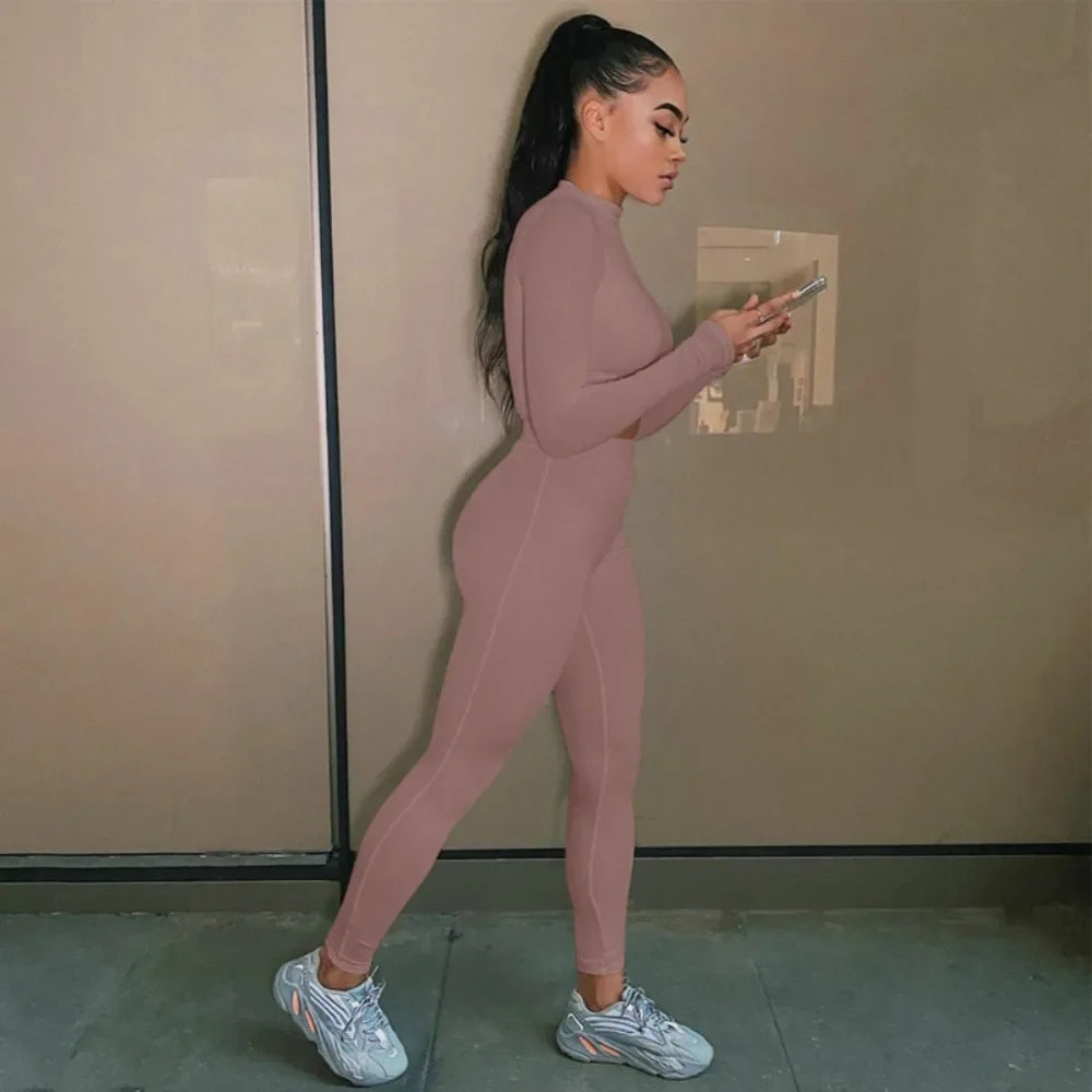 Two Piece Sets Women Solid Autumn Tracksuits High Waist Stretchy Sportswear Hot Crop Tops And Leggings Matching Outfits