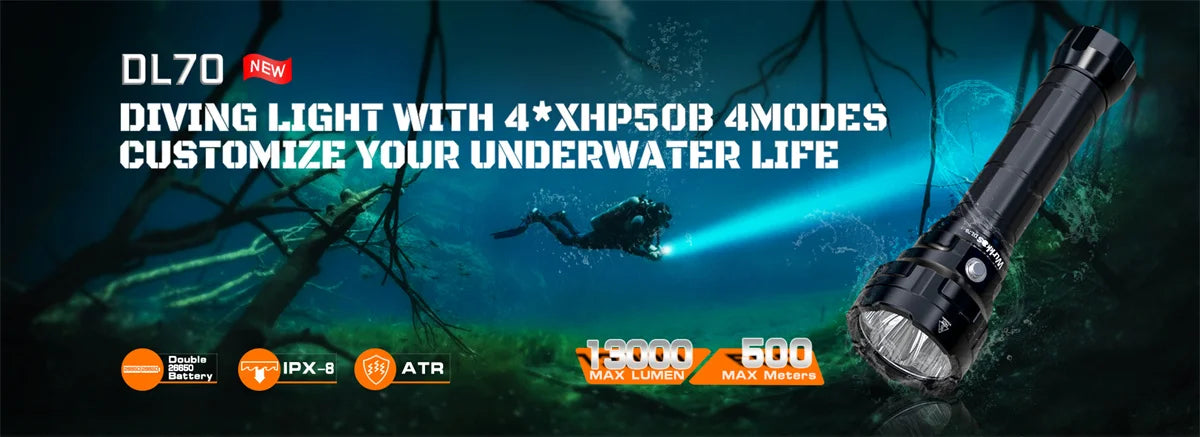 Wurkkos DL40 Scuba Diving Lamp 26650 Ultra Powerful Flashlight 5000LM 4*LH351D LED Work Light IPX-8 Underwater Fishing Lantern