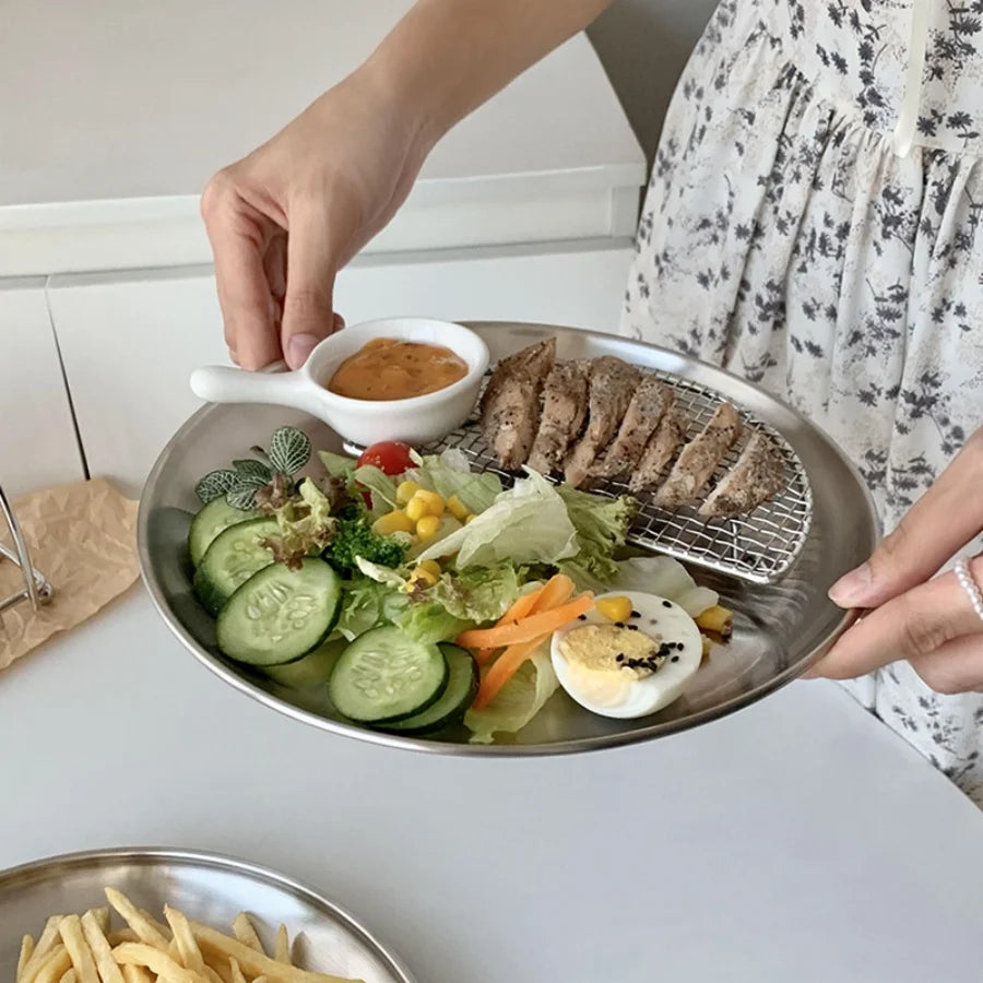 Plate tray, dining tray, steak plate, barbecue plate, Korean stainless steel circular barbecue plate