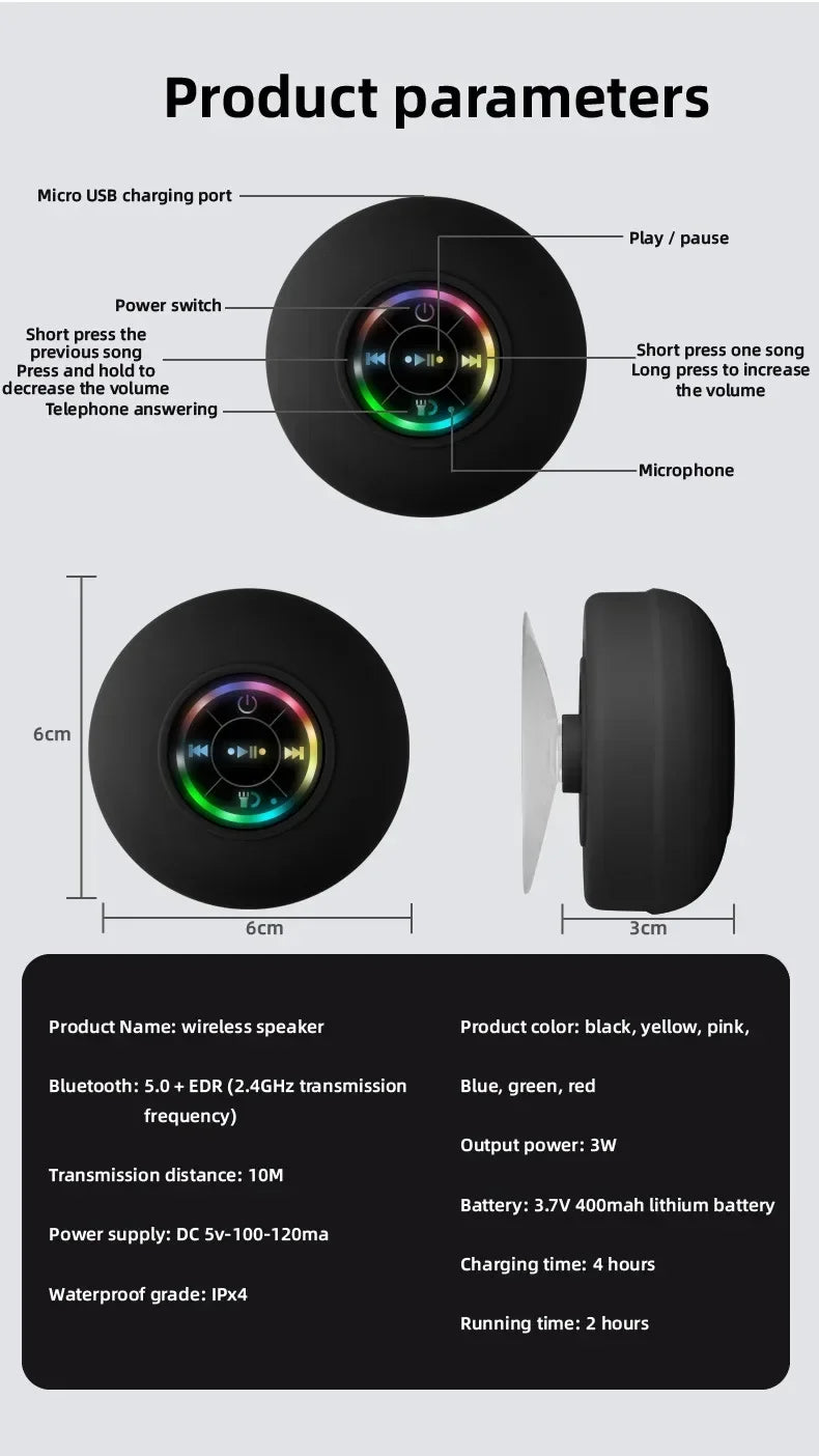 2025 Bathroom Waterproof Wireless LED Bluetooth Speaker Large Suction Cup Mini Portable Speaker Outdoor Sports Stereo Speaker