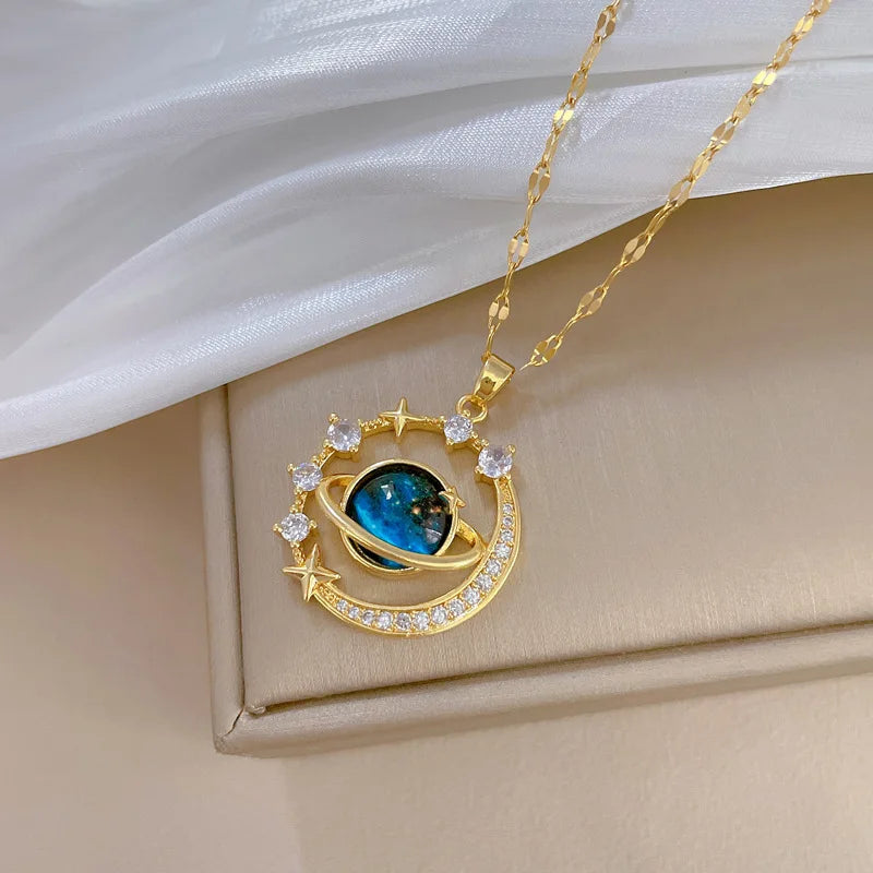 Blue Fantasy Saturn Planet Crystal Necklace for Women Girls Accessories Jewelry Gifts for Friends Family Stainless Steel Chain
