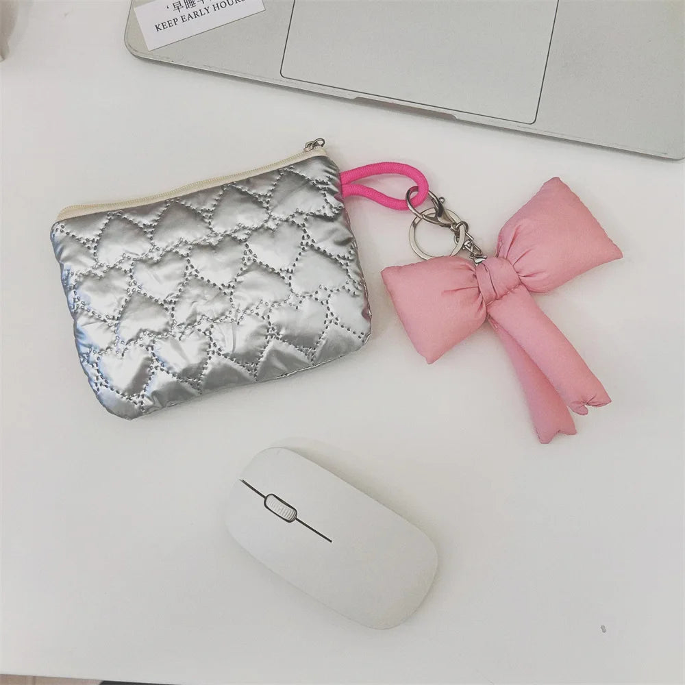 Silver Lingge Bow Pattern Coin Purses Small Canvas Coin Wallet Lady Girls Earphone Coin Key Money Storage Bag Zipper Pouch