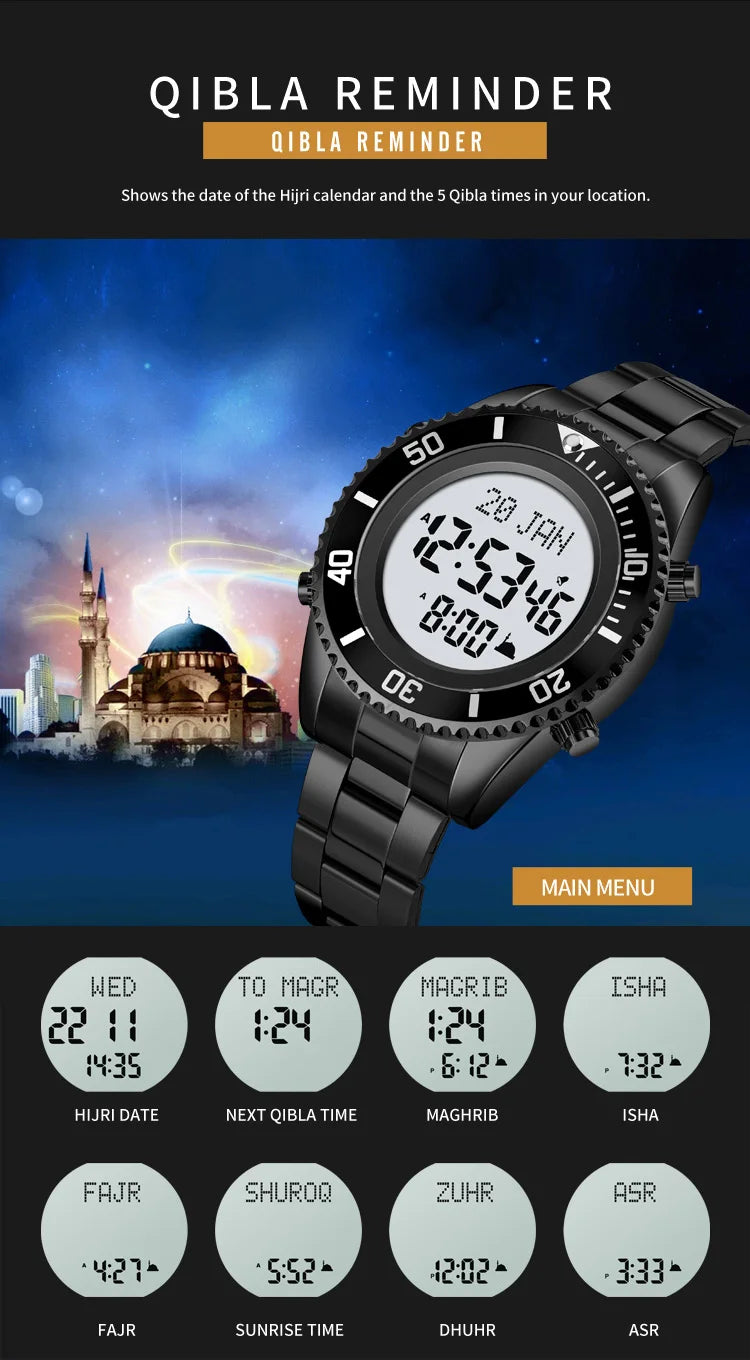 SKMEI 2141 Stainless Steel Digital Watche Muslim Azan Prayer Compass Clock Adhan Alarm Hijri Islamic Wristwatch with Back Light