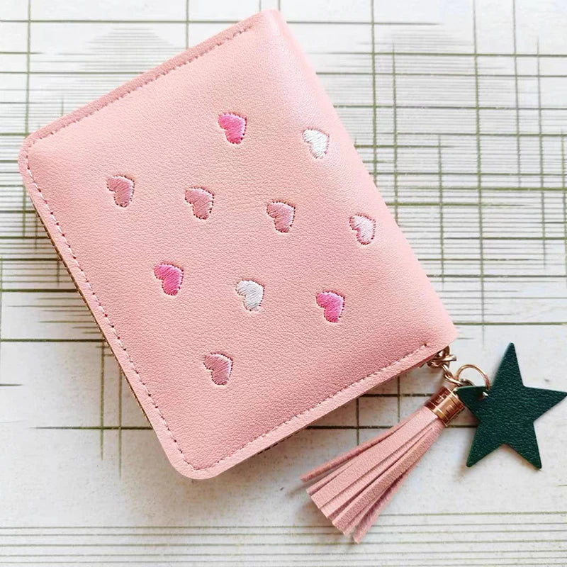 Pu Leather Card Bag Mini Wallet Ladies Money Clip Love Embroidery Multifunctional Wallet Women Short Certificate Storage Bags