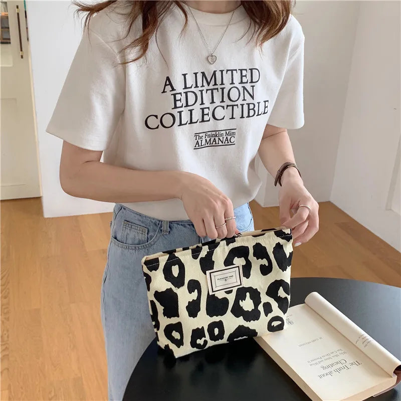 Pink Leopard Print Women Cosmetic Bag Retro Flower Ladies Small Clutch Purse Travel Handbags Schoolgirl Pencil Storage Bags