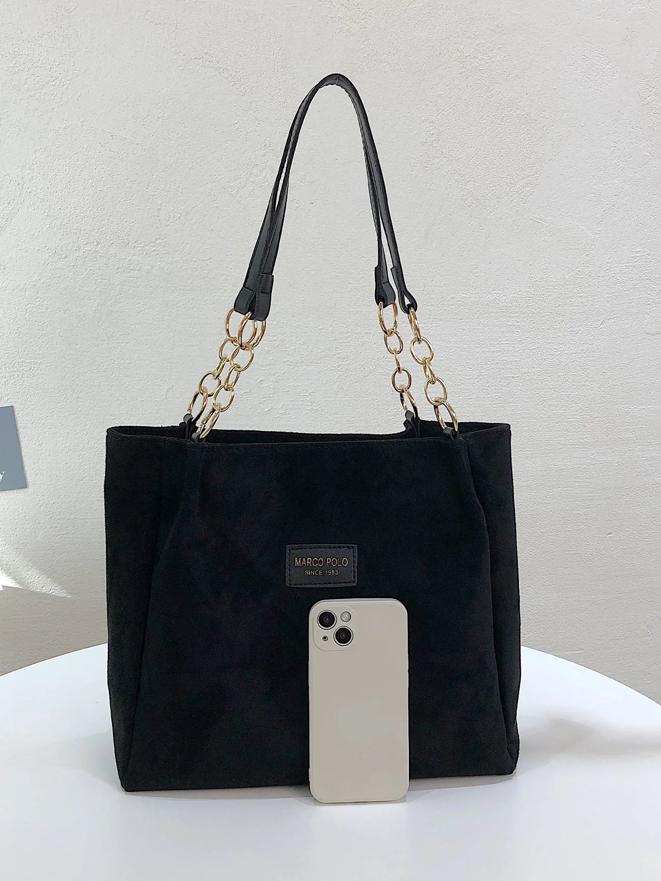 Stylish Suede Shoulder Bag, Letterstick Details Chain Trim Tote Handbag, Lady High Volume Tote Bag