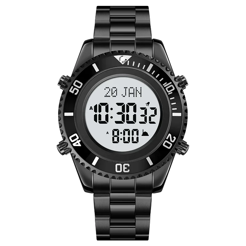 SKMEI 2141 Stainless Steel Digital Watche Muslim Azan Prayer Compass Clock Adhan Alarm Hijri Islamic Wristwatch with Back Light