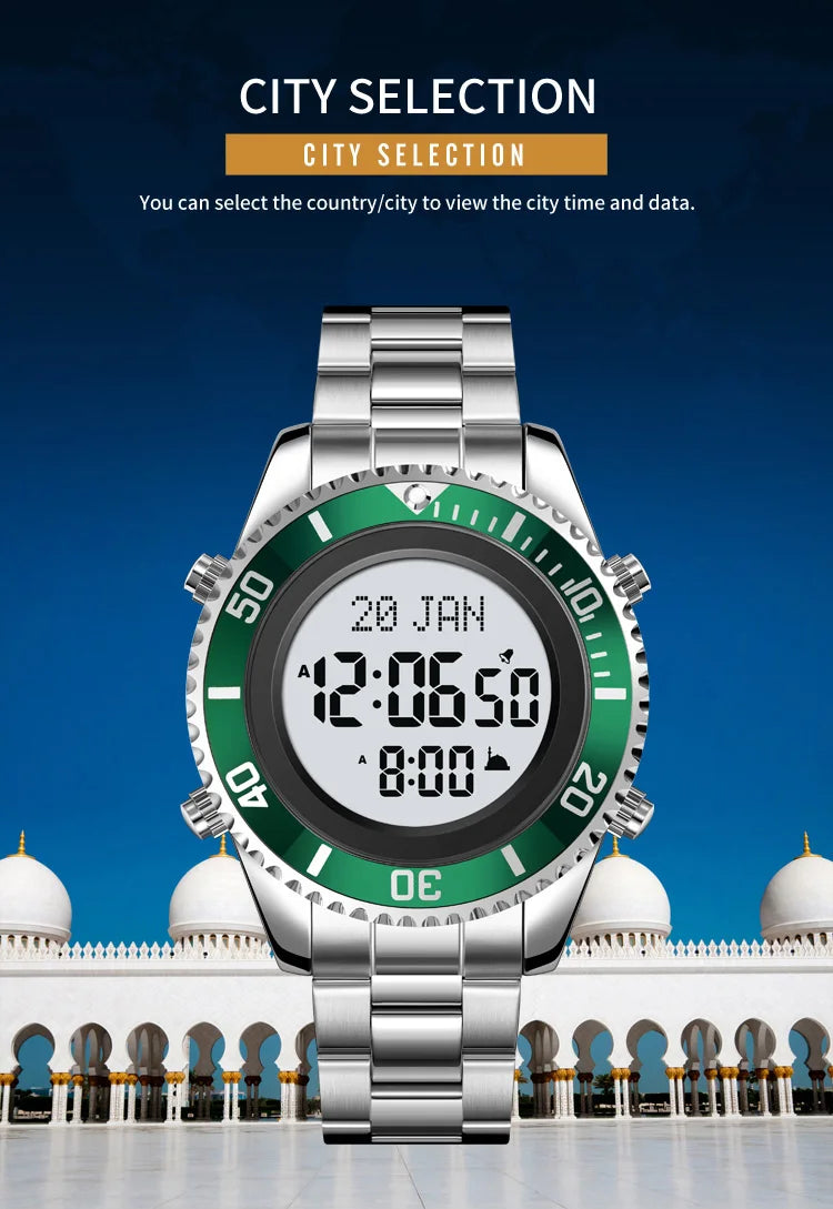 SKMEI 2141 Stainless Steel Digital Watche Muslim Azan Prayer Compass Clock Adhan Alarm Hijri Islamic Wristwatch with Back Light