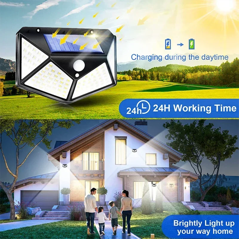 100 LED Wall Lights Outdoor Solar Lamp PIR Motion Sensor Solar Powered Sunlight Street Light for Garden Decoration