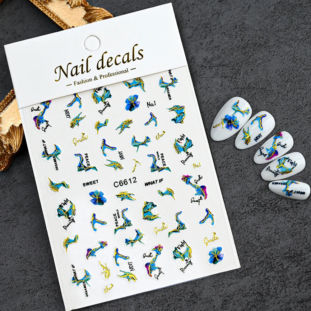 1Pcs Blue Purple Marble Stripe 3D Nail Art Stickers Bronzing Wave Line Ink Blooming Geometry Slider Self-Adhesive Manicure Decal