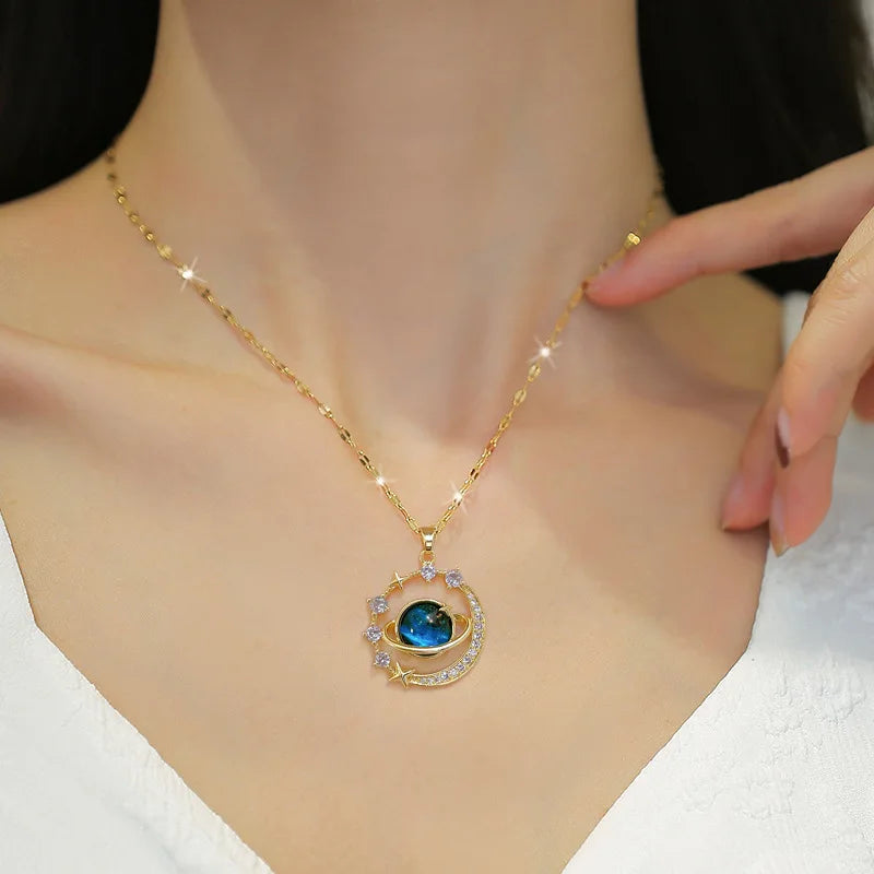Blue Fantasy Saturn Planet Crystal Necklace for Women Girls Accessories Jewelry Gifts for Friends Family Stainless Steel Chain
