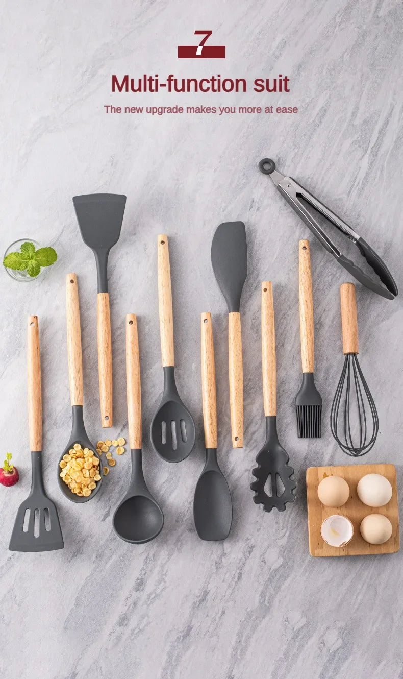 12Set of Wooden Handle Silicone Household Kitchen Tools Non-Stick Pan Cooking Spatula and Soup Spoon Silicone Kitchenware Set