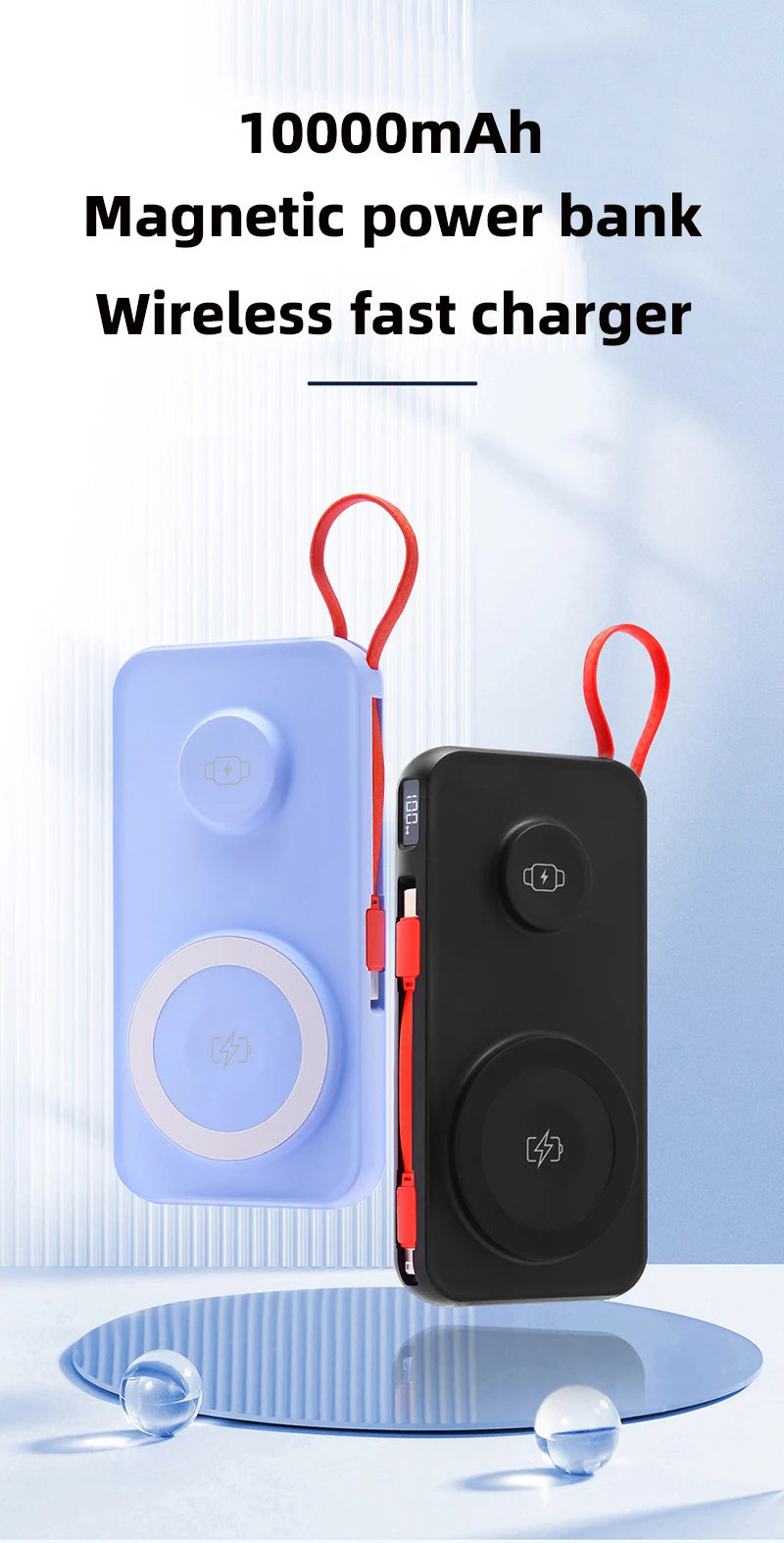 10000mAh Magnetic Wireless Power Bank With Cable Portable USB C Fast Charging External Battery For IPhone 15 Samsung Apple Watch