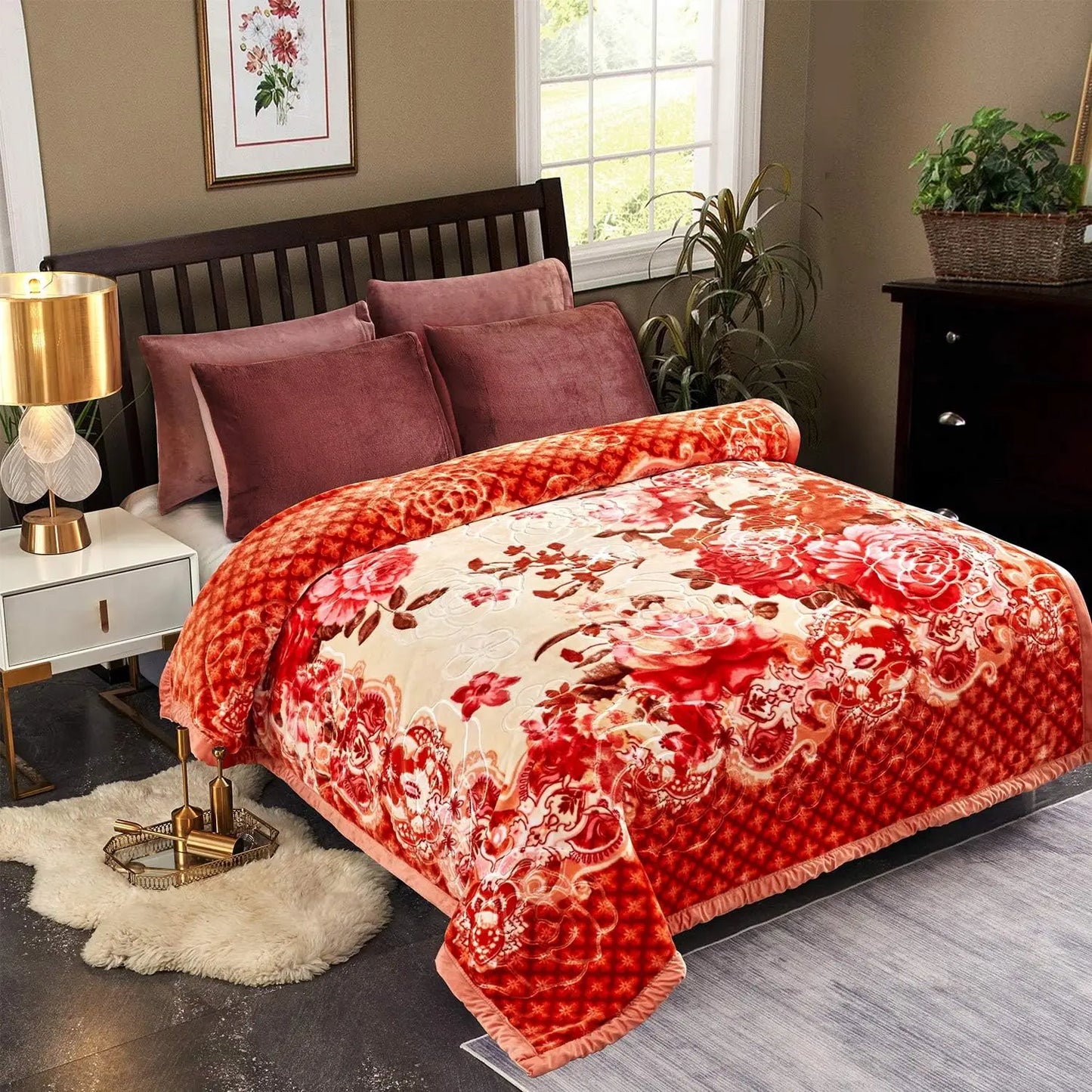 JML Plush Raschel Blanket, Korean Style Mink Blankets - Silky Soft, 2 Ply Printed Fleece Blanket (Orange Floral, Queen)