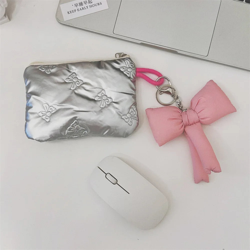 Silver Lingge Bow Pattern Coin Purses Small Canvas Coin Wallet Lady Girls Earphone Coin Key Money Storage Bag Zipper Pouch
