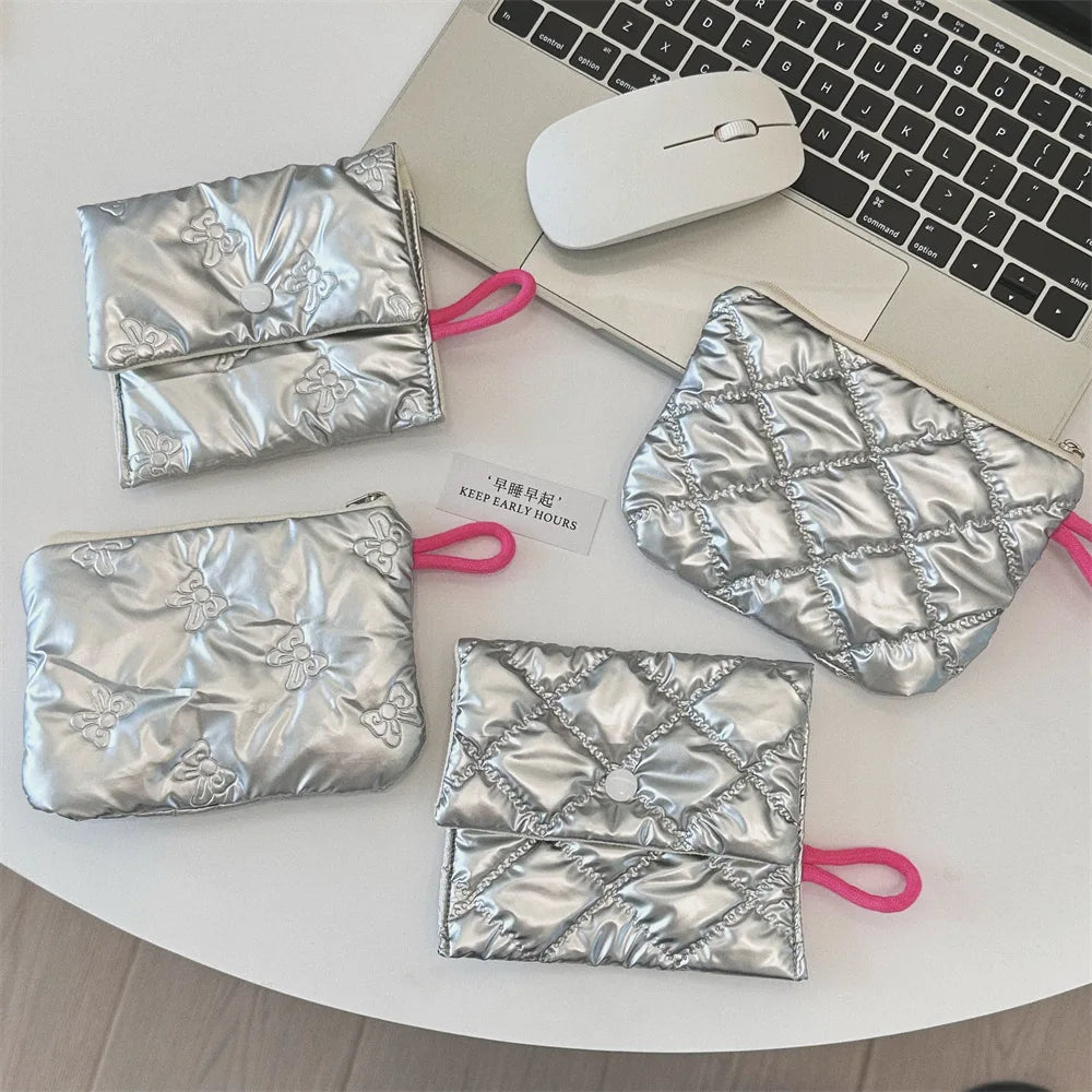 Silver Lingge Bow Pattern Coin Purses Small Canvas Coin Wallet Lady Girls Earphone Coin Key Money Storage Bag Zipper Pouch