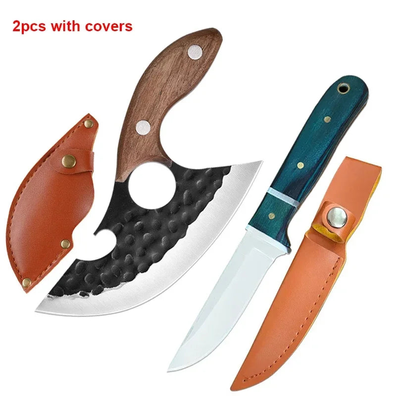 Barbecue Knife Can Open Bottle Cleaver Meat Fruit Vegetables Utility Boning Knife Kitchen Chef Knives Wooden Handle With Sheath