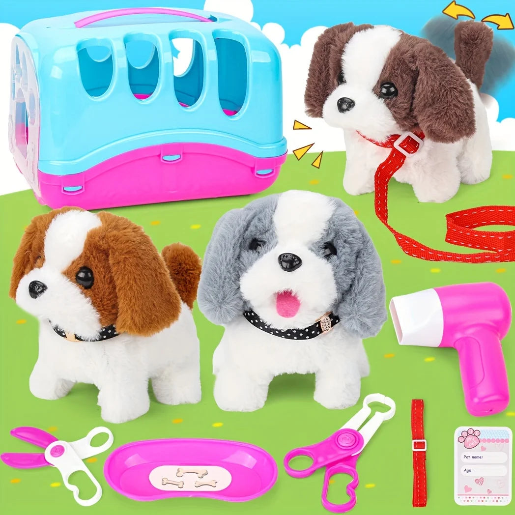 Pet Puppy Care Accessories with Dog House -Simulated Brador Dog Call Plush Toy - Children Interactive Vet Clinic Doctor - Role
