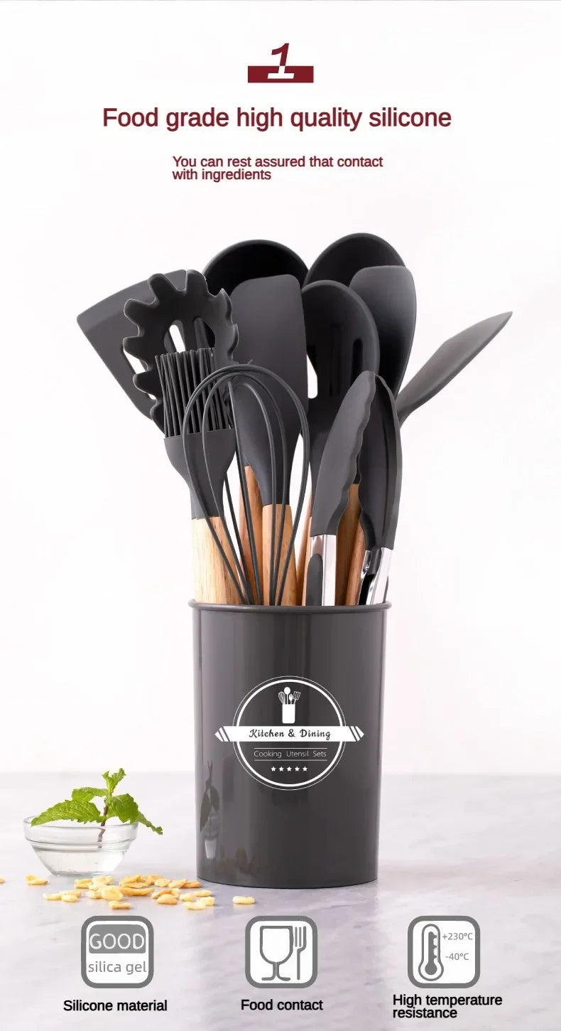 12Set of Wooden Handle Silicone Household Kitchen Tools Non-Stick Pan Cooking Spatula and Soup Spoon Silicone Kitchenware Set