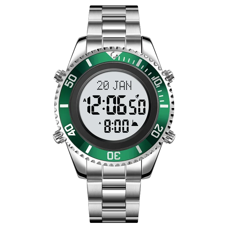 SKMEI 2141 Stainless Steel Digital Watche Muslim Azan Prayer Compass Clock Adhan Alarm Hijri Islamic Wristwatch with Back Light