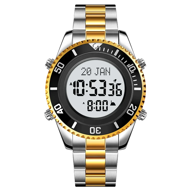 SKMEI 2141 Stainless Steel Digital Watche Muslim Azan Prayer Compass Clock Adhan Alarm Hijri Islamic Wristwatch with Back Light
