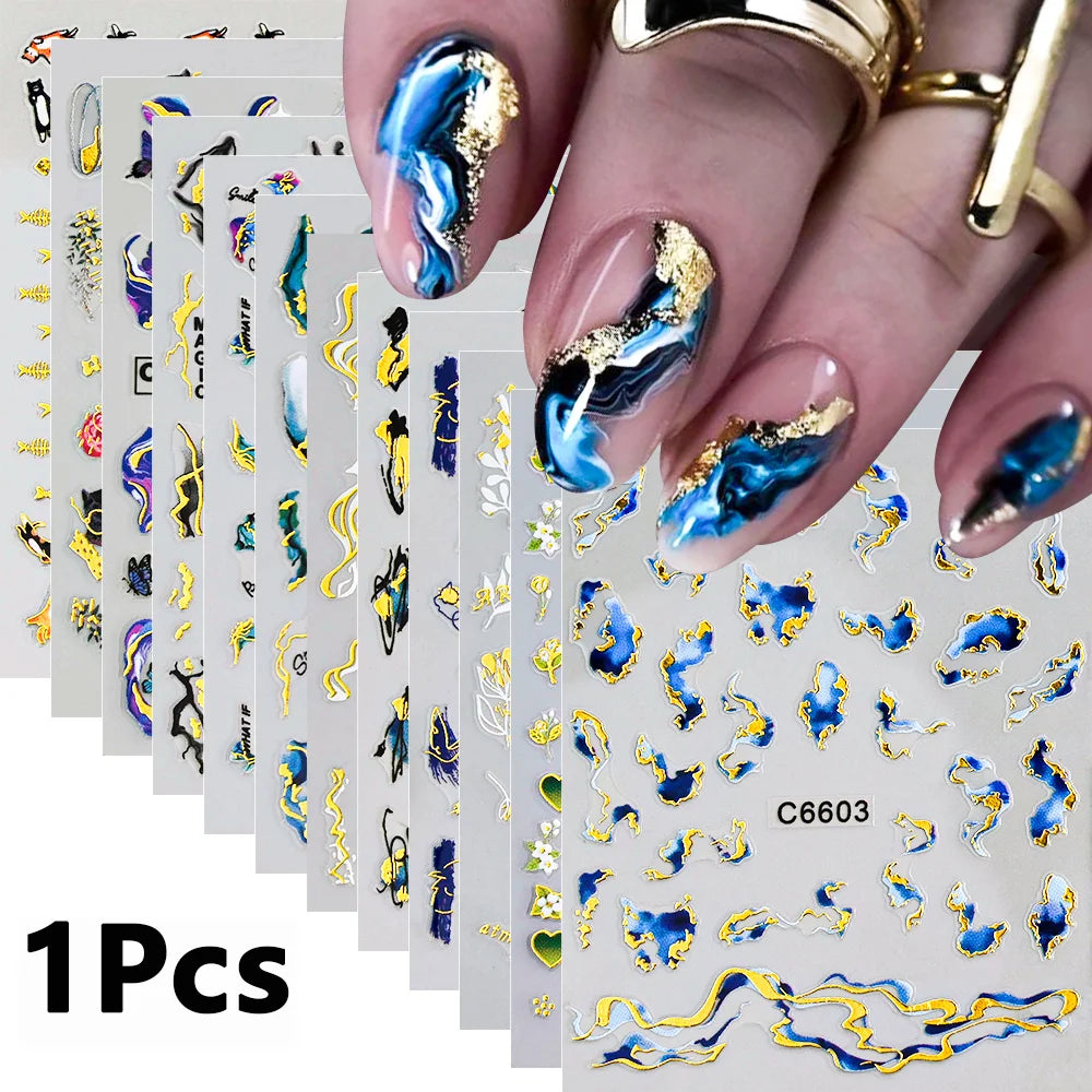 1Pcs Blue Purple Marble Stripe 3D Nail Art Stickers Bronzing Wave Line Ink Blooming Geometry Slider Self-Adhesive Manicure Decal