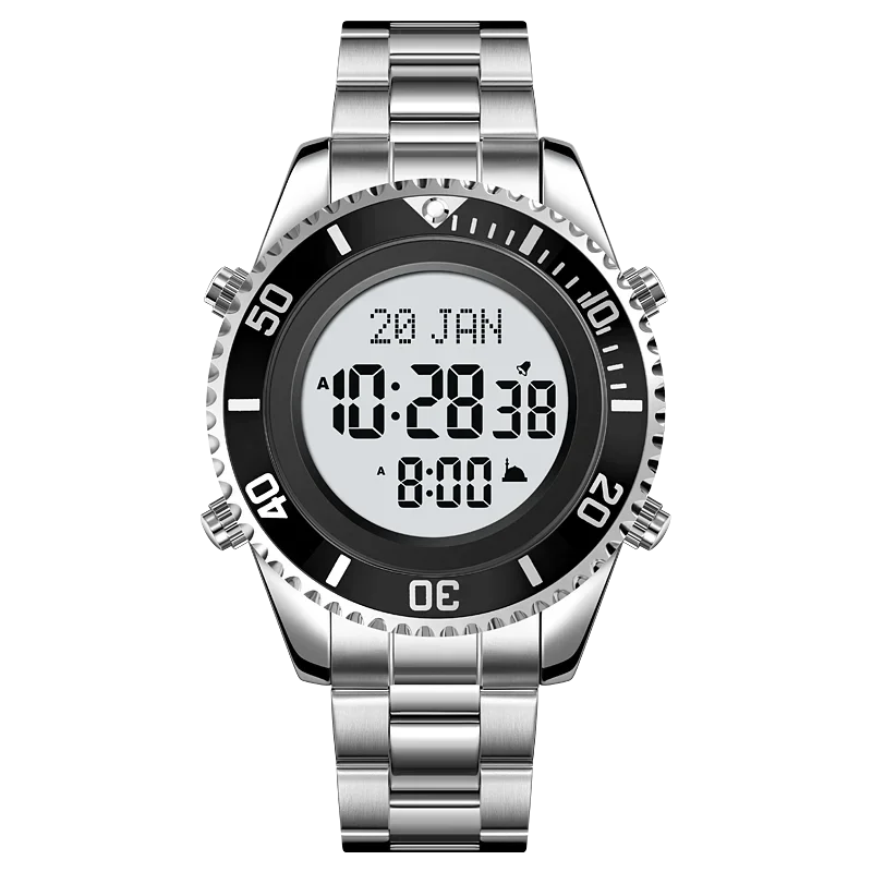 SKMEI 2141 Stainless Steel Digital Watche Muslim Azan Prayer Compass Clock Adhan Alarm Hijri Islamic Wristwatch with Back Light