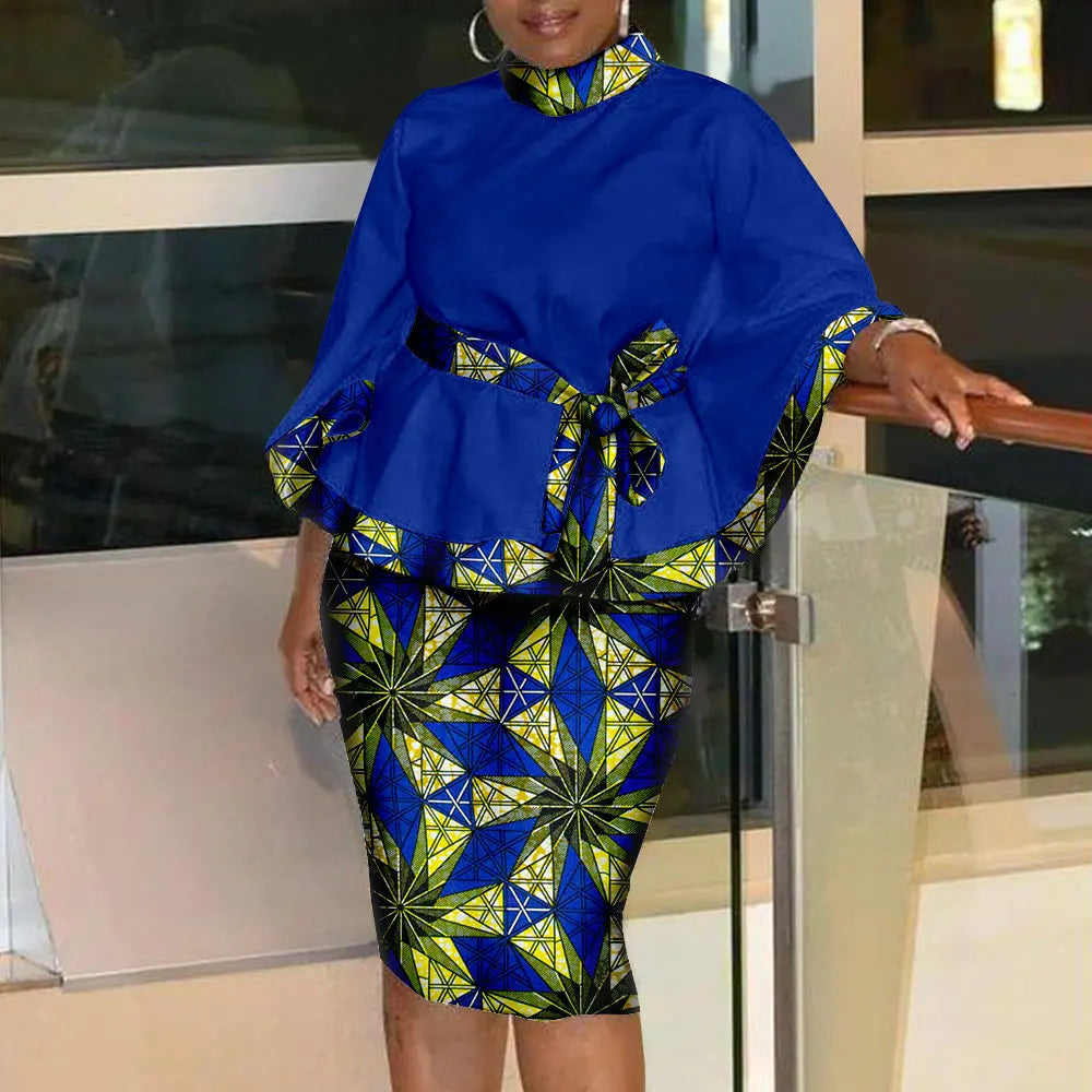 Women`s Casual African Clothing Traditional Set Dashiki Print Shirt and Ankara Skirt 2 Piece Tribal Outfits S2026009
