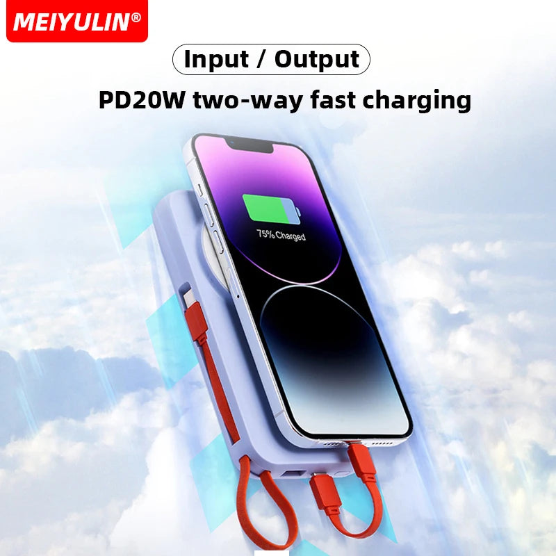 10000mAh Magnetic Wireless Power Bank With Cable Portable USB C Fast Charging External Battery For IPhone 15 Samsung Apple Watch