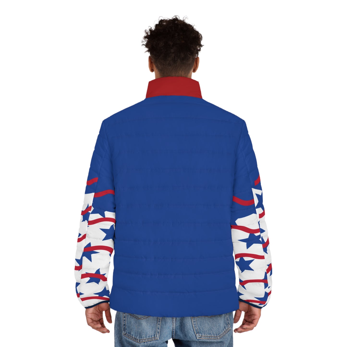 Patriotic Men's Puffer Jacket - Star and Stripe Design