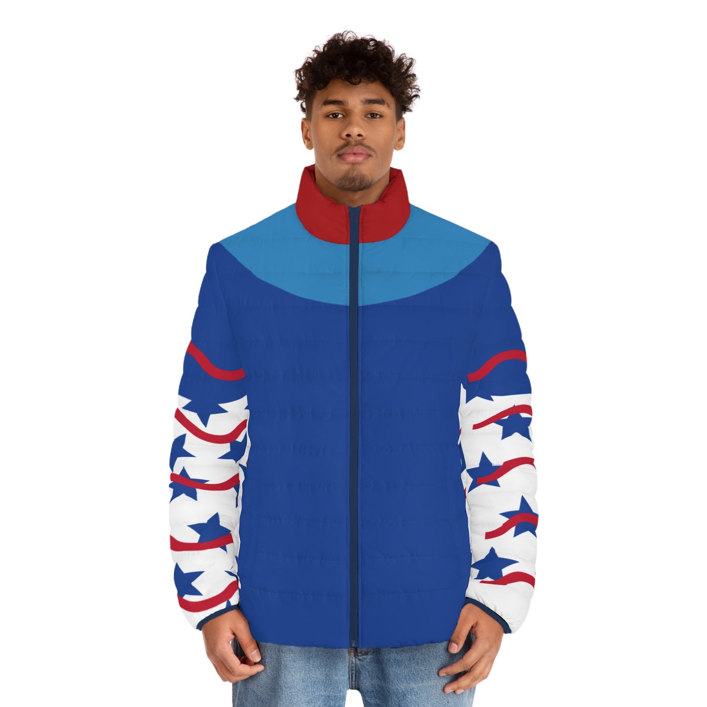 Patriotic Men's Puffer Jacket - Star and Stripe Design