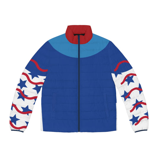 Patriotic Men's Puffer Jacket - Star and Stripe Design