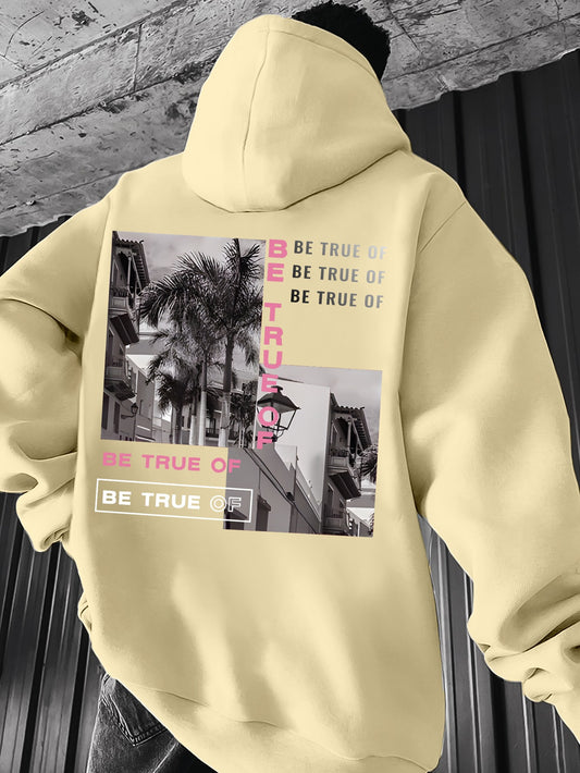 [Trending] Men's Casual Hoodie with Geometric Print - Stretchy Polyester Blend, Machine Washable, Kangaroo Pocket | Perfect for Spring & Fall