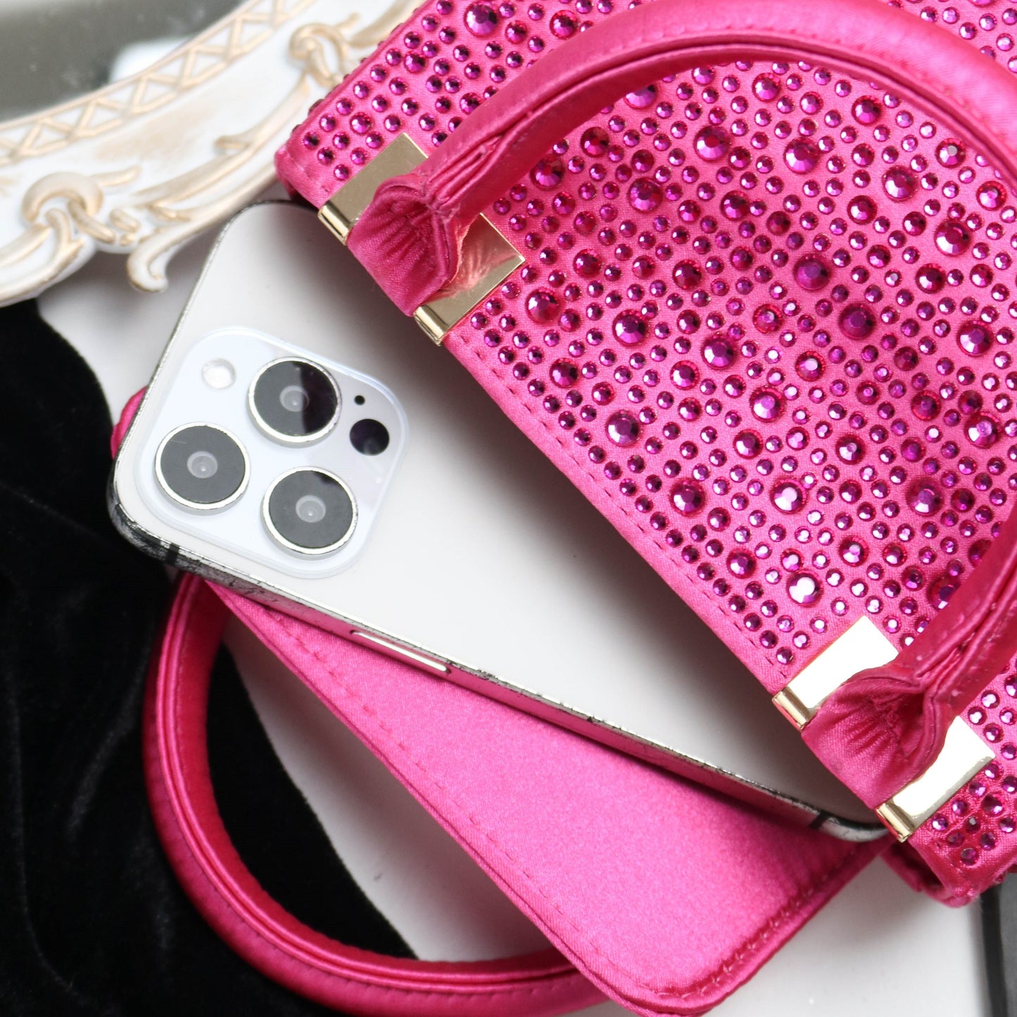 [Trending] Elegant Rhinestone Square Evening Clutch - Perfect for Weddings, Proms & Formal Events - Magenta with Polyester Lining