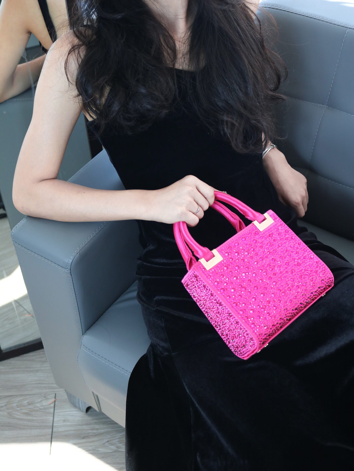 [Trending] Elegant Rhinestone Square Evening Clutch - Perfect for Weddings, Proms & Formal Events - Magenta with Polyester Lining