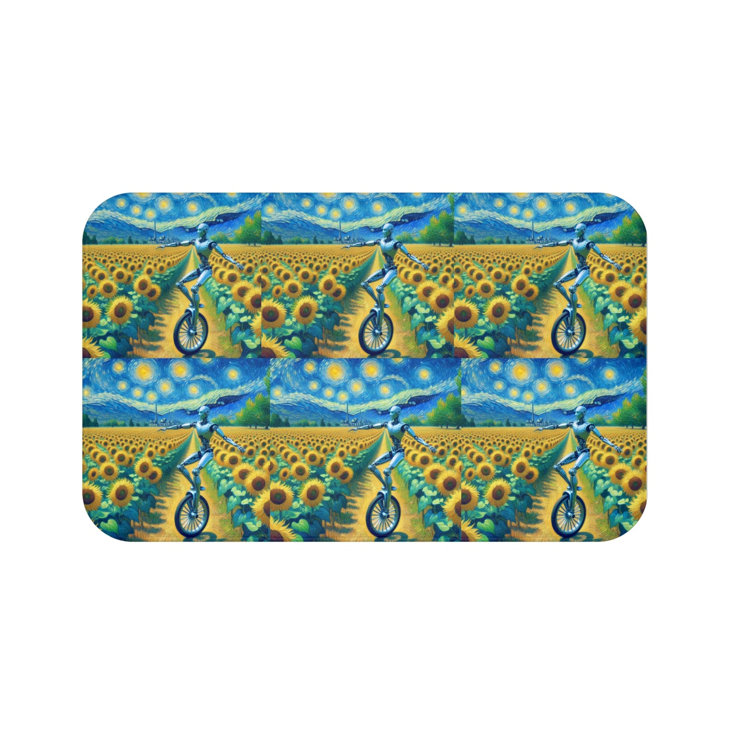Whimsical Bicycle Bath Mat, Artistic Home Decor, Sunflower and Starry Night Design, Fun Bathroom Accessory, Unique Gift for Cycling Lovers,