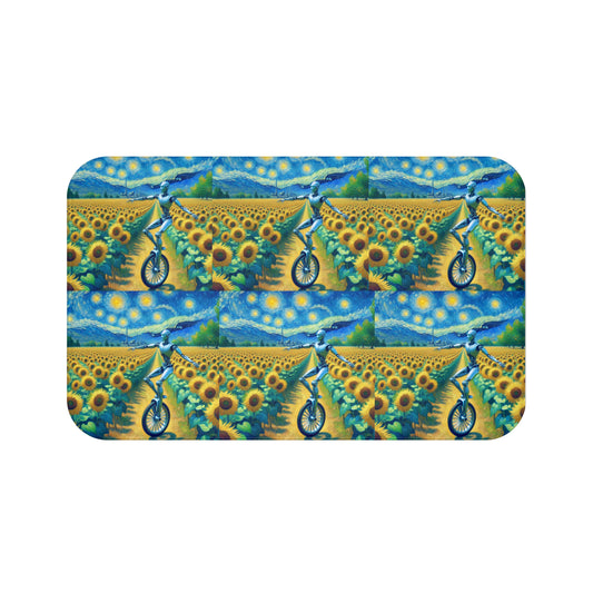 Whimsical Bicycle Bath Mat, Artistic Home Decor, Sunflower and Starry Night Design, Fun Bathroom Accessory, Unique Gift for Cycling Lovers,