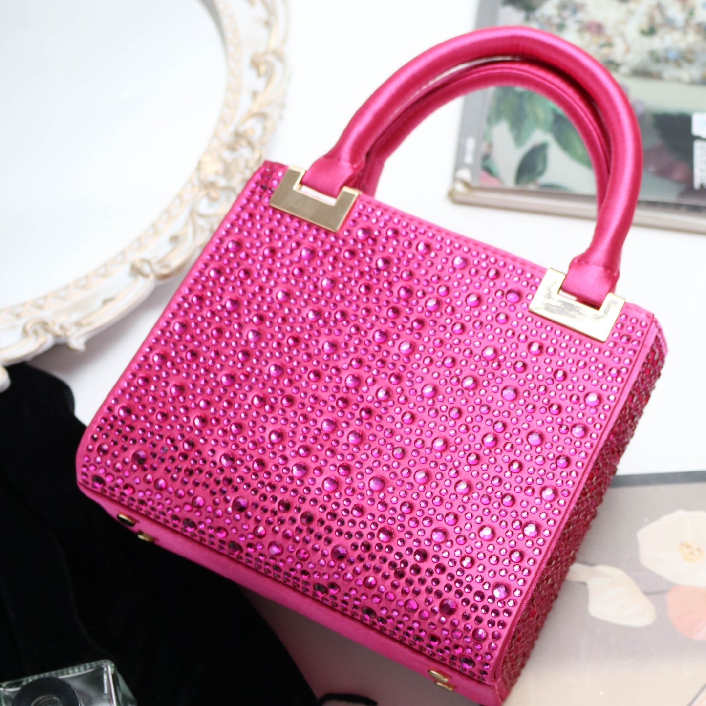 [Trending] Elegant Rhinestone Square Evening Clutch - Perfect for Weddings, Proms & Formal Events - Magenta with Polyester Lining