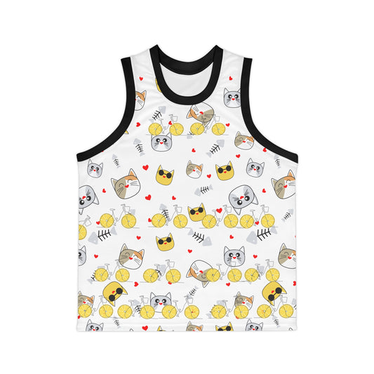 Cat and Bicycle Print Basketball Jersey, Sports Fan Gift, Casual Wear,