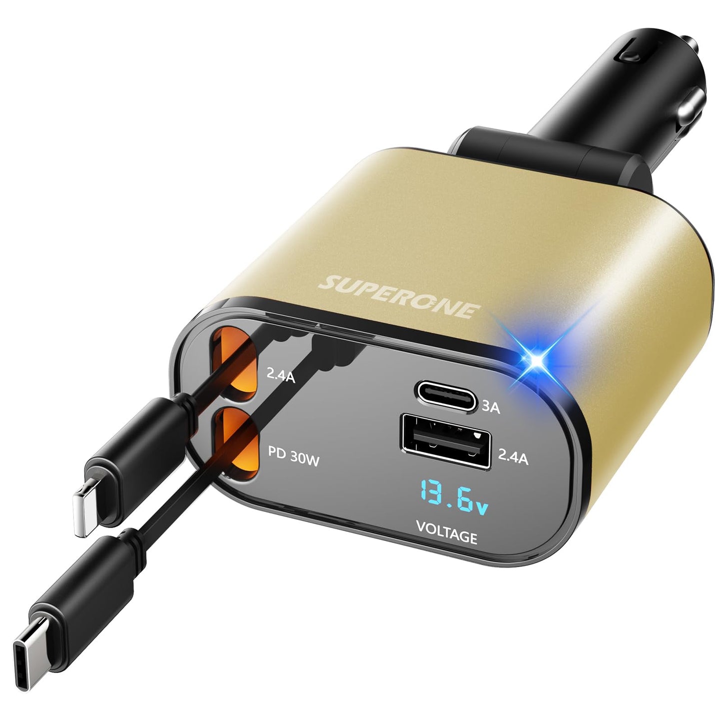 【Upgraded】 SUPERONE Retractable Car Charger 4 in 1, Fast Car Phone Charger with Cord 2.6ft, USB C and Apple Car Adapter, Compatible with iPhone 17 16 15/15 Pro Max/14/13/12/11, Galaxy, Pixel