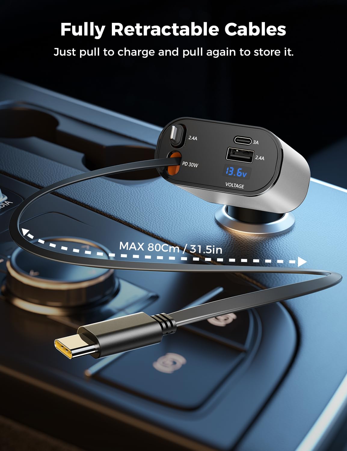 【Upgraded】 SUPERONE Retractable Car Charger 4 in 1, Fast Car Phone Charger with Cord 2.6ft, USB C and Apple Car Adapter, Compatible with iPhone 17 16 15/15 Pro Max/14/13/12/11, Galaxy, Pixel