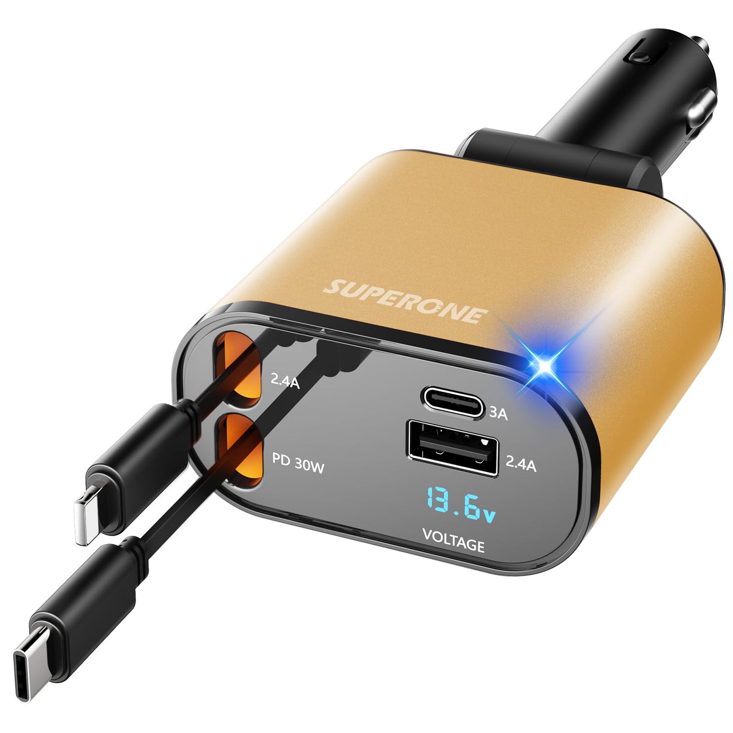 【Upgraded】 SUPERONE Retractable Car Charger 4 in 1, Fast Car Phone Charger with Cord 2.6ft, USB C and Apple Car Adapter, Compatible with iPhone 17 16 15/15 Pro Max/14/13/12/11, Galaxy, Pixel