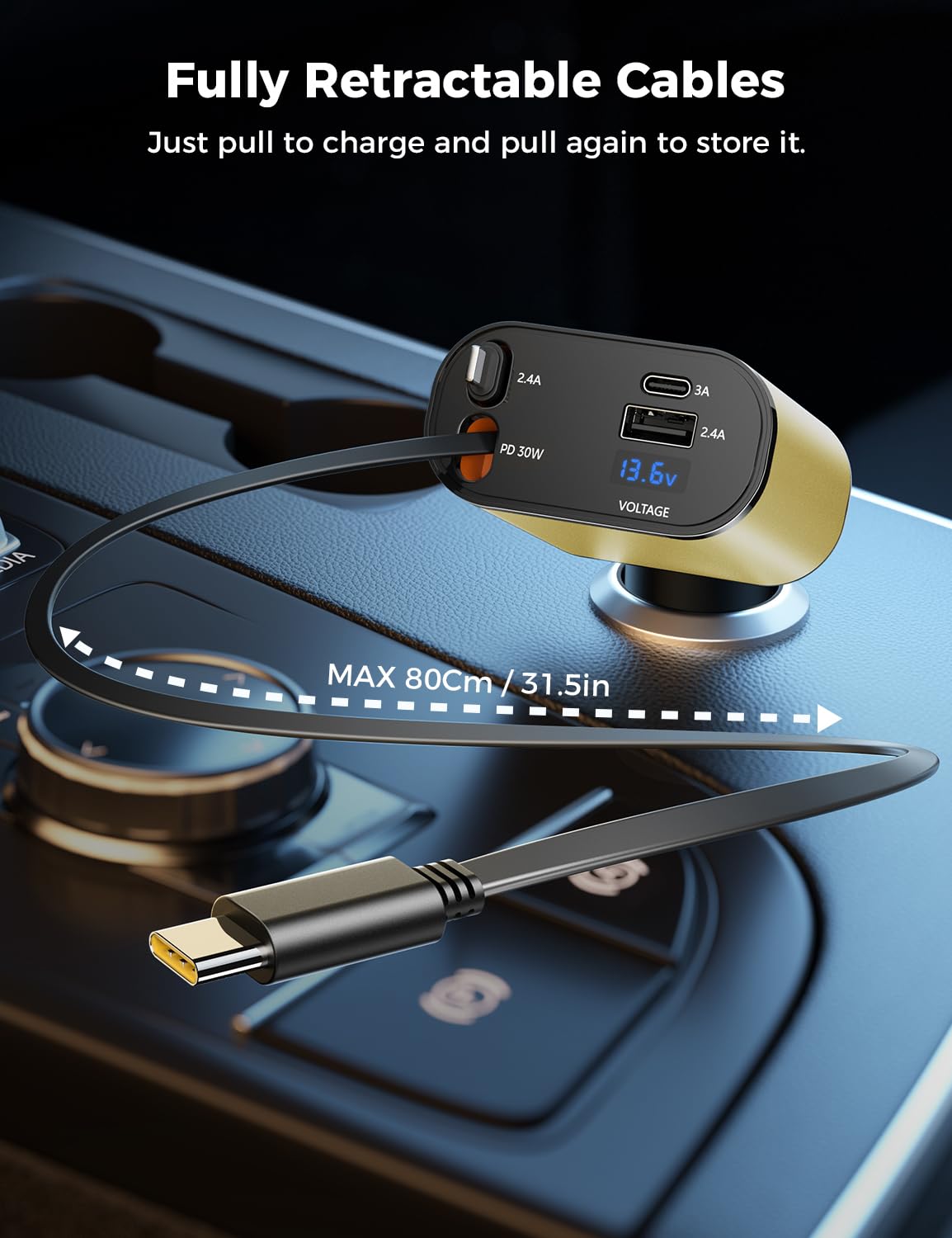 【Upgraded】 SUPERONE Retractable Car Charger 4 in 1, Fast Car Phone Charger with Cord 2.6ft, USB C and Apple Car Adapter, Compatible with iPhone 17 16 15/15 Pro Max/14/13/12/11, Galaxy, Pixel