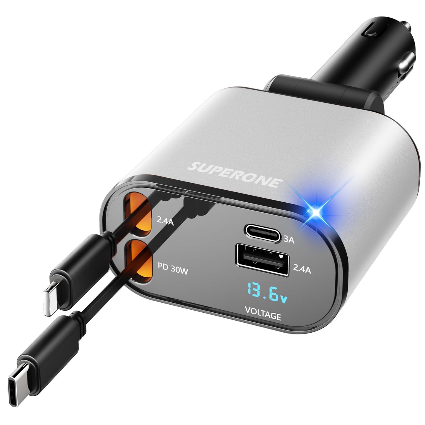 【Upgraded】 SUPERONE Retractable Car Charger 4 in 1, Fast Car Phone Charger with Cord 2.6ft, USB C and Apple Car Adapter, Compatible with iPhone 17 16 15/15 Pro Max/14/13/12/11, Galaxy, Pixel