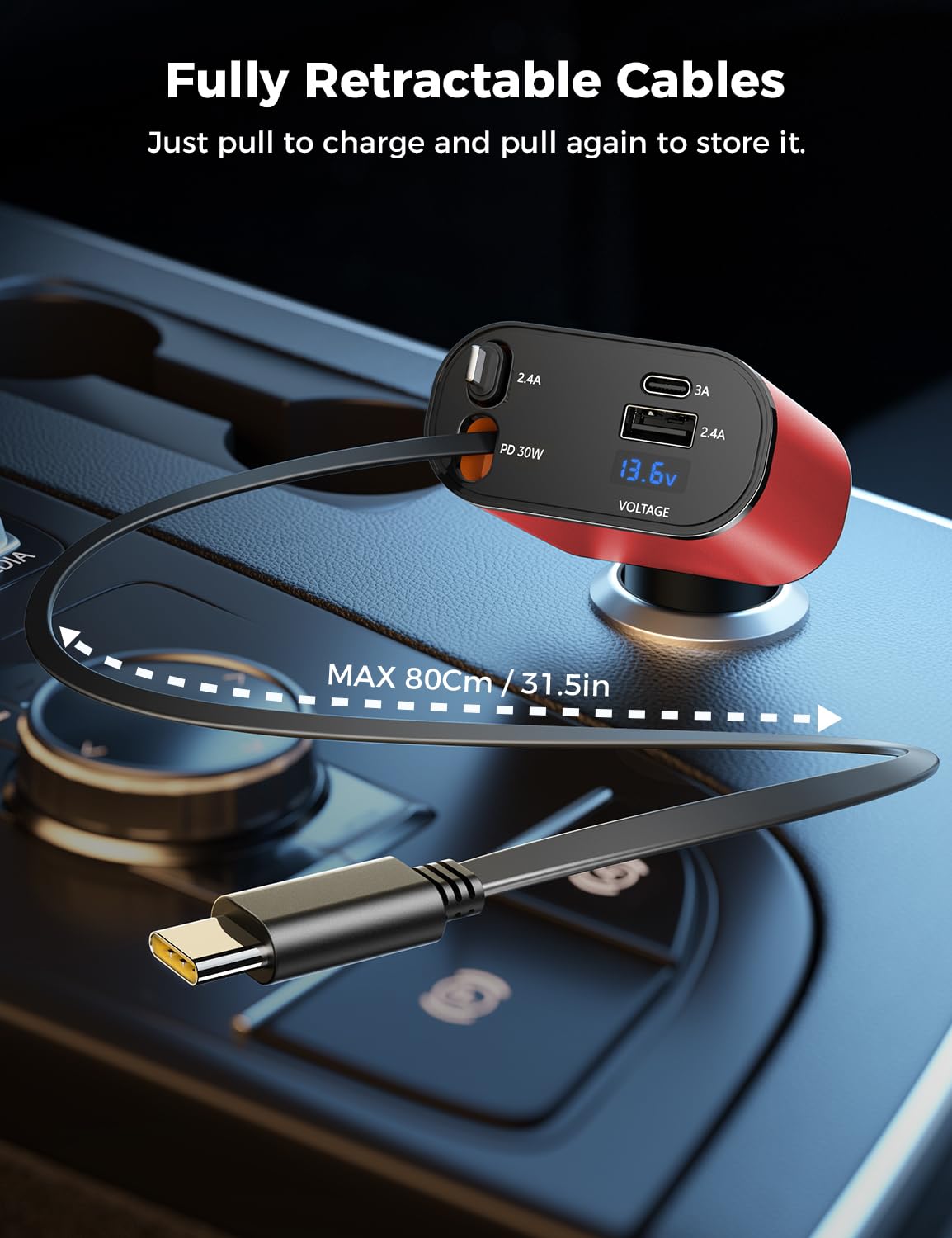【Upgraded】 SUPERONE Retractable Car Charger 4 in 1, Fast Car Phone Charger with Cord 2.6ft, USB C and Apple Car Adapter, Compatible with iPhone 17 16 15/15 Pro Max/14/13/12/11, Galaxy, Pixel