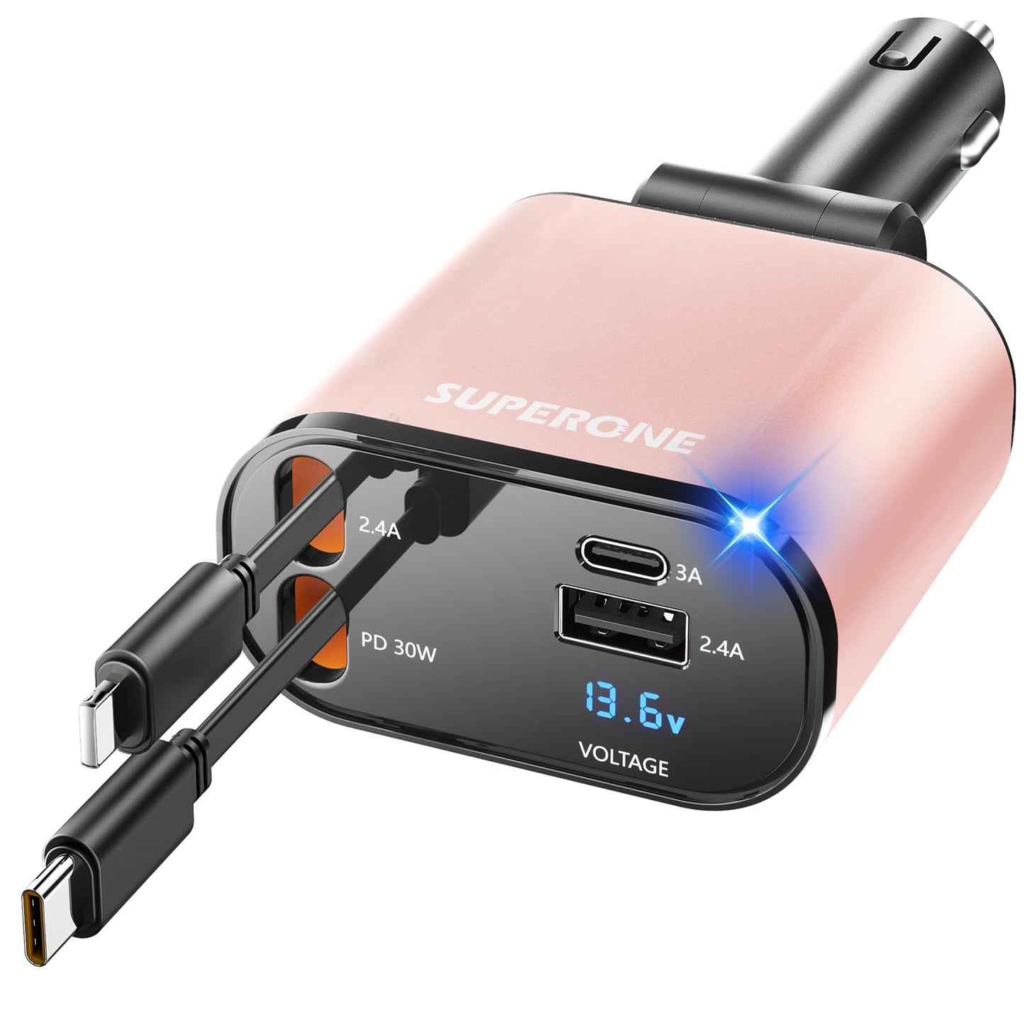 【Upgraded】 SUPERONE Retractable Car Charger 4 in 1, Fast Car Phone Charger with Cord 2.6ft, USB C and Apple Car Adapter, Compatible with iPhone 17 16 15/15 Pro Max/14/13/12/11, Galaxy, Pixel