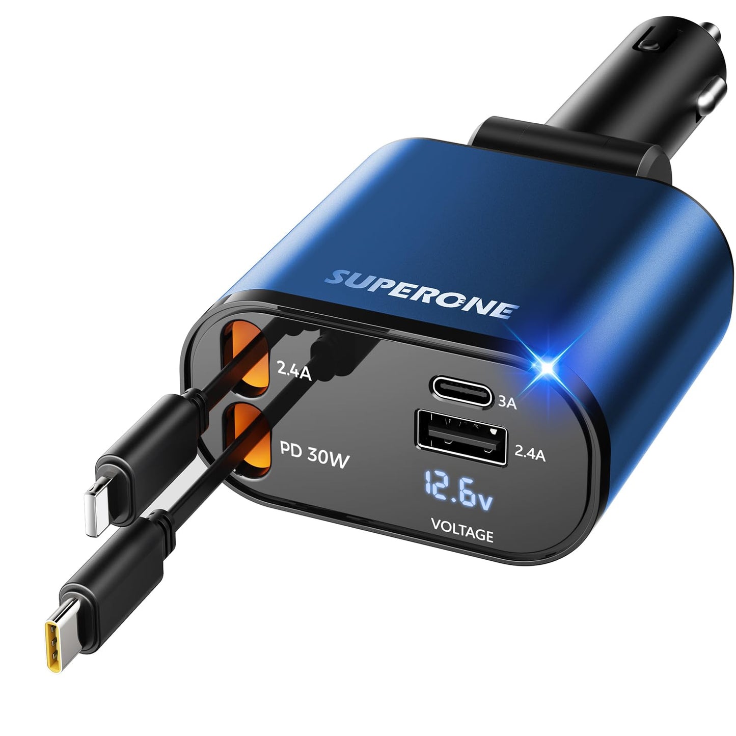 【Upgraded】 SUPERONE Retractable Car Charger 4 in 1, Fast Car Phone Charger with Cord 2.6ft, USB C and Apple Car Adapter, Compatible with iPhone 17 16 15/15 Pro Max/14/13/12/11, Galaxy, Pixel
